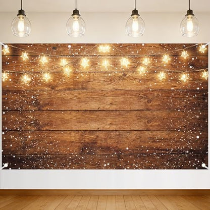 Wood Backdrop Rustic Wooden Photo Background Vintage Brown Wall Country Backdrop with Warm Starry Lights Snow Effect for Wedding Western Birthday Baby Shower Photo Booth 71x43 Inch - style: Wooden