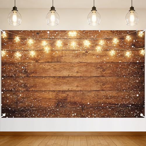 Wood Backdrop Rustic Wooden Photo Background Vintage Brown Wall Country Backdrop with Warm Starry Lights Snow Effect for Wedding Western Birthday Baby Shower Photo Booth 71x43 Inch - style: Wooden