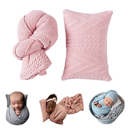 Coberllus Newborn Photography Props Blanket Stretch Knitted Twist Wrap & Posing Pad Prop for Baby Boys Girls Photo Shoot Set (Light Pink) - color: Light Pink