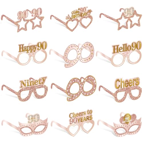 Guiruiy 24PCS 90th Birthday Paper Eyeglasses Decorations for Women, Pink Rose Gold Happy 90th Birthday Eyeglasses Party Supplies, Funny Ninety Year Old Birthday Glasses Photo Props Decor - style: Rose Gold 90th