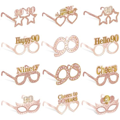 Guiruiy 24PCS 90th Birthday Paper Eyeglasses Decorations for Women, Pink Rose Gold Happy 90th Birthday Eyeglasses Party Supplies, Funny Ninety Year Old Birthday Glasses Photo Props Decor - style: Rose Gold 90th