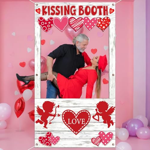 Valentine's Day Party Decorations Kissing Booth Theme Photo Booth Props Cupid Love Heart Banner Valentine Picture Frame for Couple Restaurant Wedding Backdrop Valentines Theme Party Favors Supplies