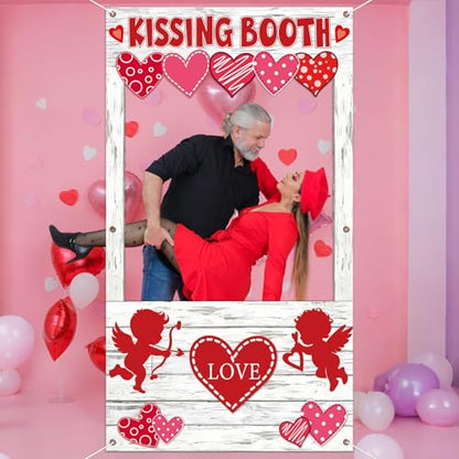 Valentine's Day Party Decorations Kissing Booth Theme Photo Booth Props Cupid Love Heart Banner Valentine Picture Frame for Couple Restaurant Wedding Backdrop Valentines Theme Party Favors Supplies