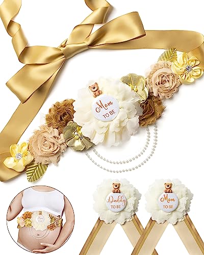Baby Shower Sash Decorations Mom to Be Corsage Gift Dad to Be Pin 3Pack Set Gold Flower Belt for Maternity Dress - Gender Reveal Pregnancy Photo Props - color: Milky White