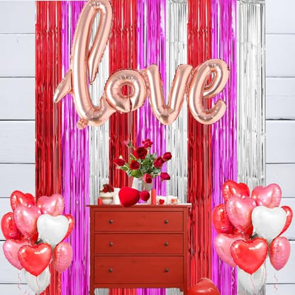 Valentine's Day Photo Booth Props Valentines Party Decorations Red Hot Pink Sliver Foil Fringe Curtain Photo Backdrop for Valentines Day Bridal Shower Pink Birthday 21st Decor 3 Pack,9.9x19.8ft