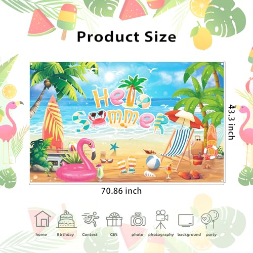 Hello Summer Beach Photo Backdrop, Schools Out for Summer Backdrop, End of School Year Party Decorations, 71 x 43 Inch