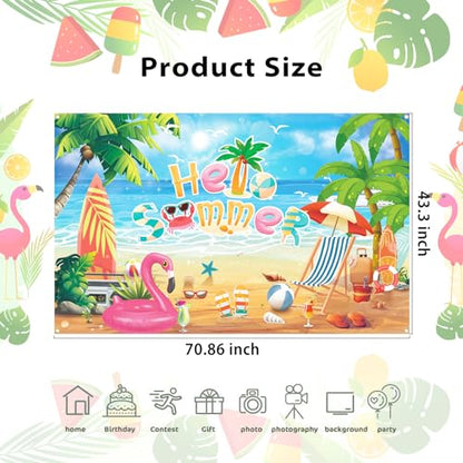 Hello Summer Beach Photo Backdrop, Schools Out for Summer Backdrop, End of School Year Party Decorations, 71 x 43 Inch