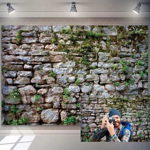 5x4ft Rustic Brick Wall Backdrop for Photography Green Moss Stone Wall Textured Background Vintage Rocky Reptile Tank Background Spring Garden Decoration for Child Adult Portrait Studio Photo Props - size: 5x4ft