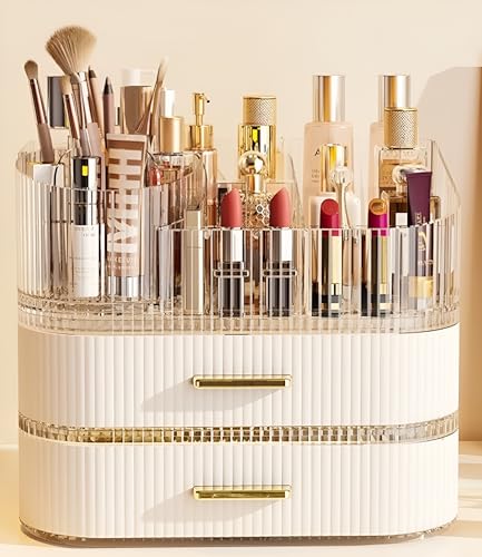 Makeup Organizer with Drawers and 360° Rotating Brush Holder, Large Capacity Cosmetic Storage for Vanity, Skincare, Perfume, Hair Accessories, Lipstick & Jewelry (Cream White, 3-layer) - color: Cream White, size: 3-layer