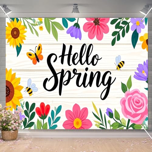 BlissYard Hello Spring Backdrop Decoration Floral Garden Banner 8x6ft Spring Photo Backdrop Flower Background for Spring Party Easter Celebration Photo Booth Kids Event Wall Display - color: Hello Spring Backdrop#06