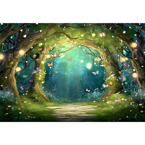 8x6ft Enchanted Fairy Forest Backdrop Fairytale Wonderland Woodland Butterfly Flowers Tree Photography Background Princess Fairy Birthday Party Newborn Baby Shower Decor Banner Photo Prop - color: Blue, size: 8x6ft