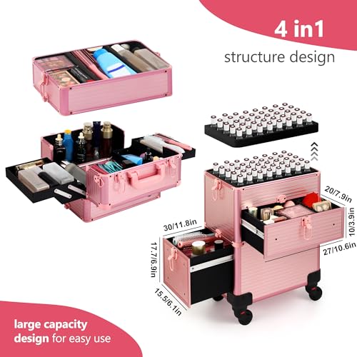 Somduy Rolling Makeup Case with Drawer, Makeup Train Case, 4 in 1Cosmetology Case on Wheels, Christmas Gift, Large Makeup Case Organizers, Profesional Cosmetic Case for Salon Barber, Light pink - color: Light pink