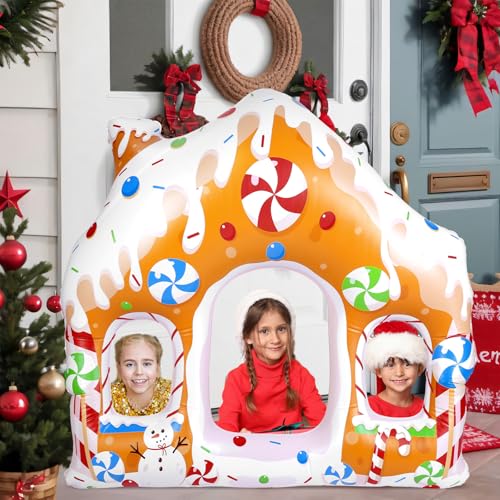 Colingmill 55 Inch Christmas Gingerbread House Photo Frame Inflatable Balloon Decorations Photo Backdrop Booth Selfie Frame Background for Xmas Gift Party Supplies - style: Gingerbread House