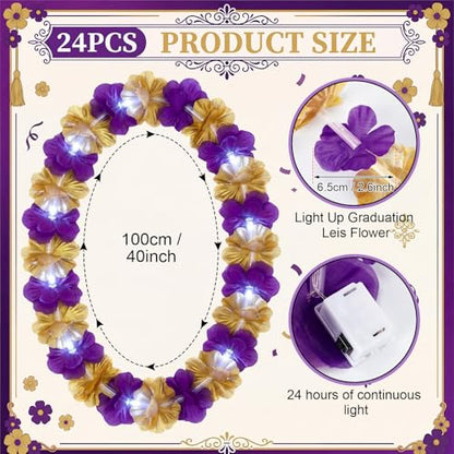 Sherr 24 Pcs LED Leis Light Up Purple and Gold Hawaiian Flower Necklaces, Graduation 2026 Party Supplies, Class of 2026 Leis for Beach Wedding Luau Glow Party Favors - color: Purple Gold