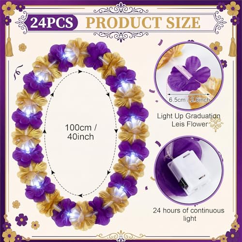Sherr 24 Pcs LED Leis Light Up Purple and Gold Hawaiian Flower Necklaces, Graduation 2026 Party Supplies, Class of 2026 Leis for Beach Wedding Luau Glow Party Favors - color: Purple Gold