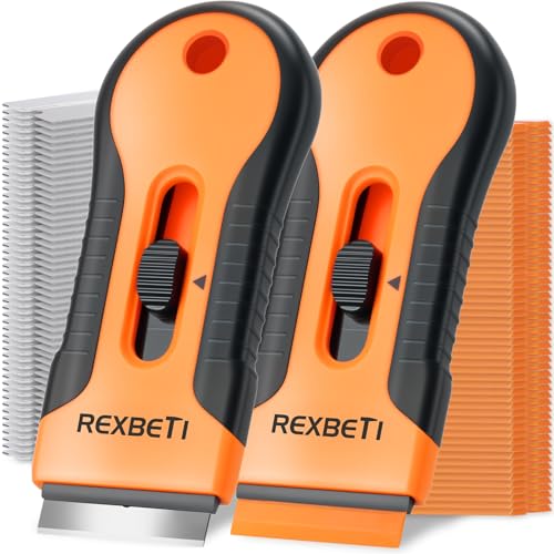 REXBETI Razor Blade Scraper Tool, 2 Pack Razor Scraper Set with Extra 80Pcs Razor Blades -30Pcs Metal and 50Pcs Plastic Blades, Cleaning Scraper Tool, Cooktop, Paint, Glass Scraper - style: Original 2 Pack