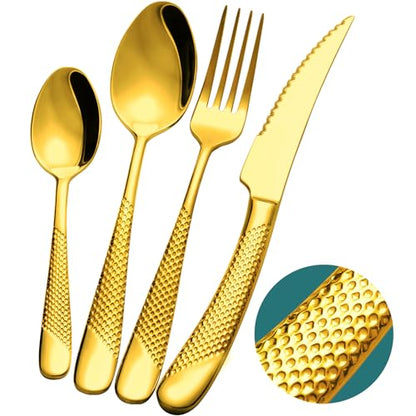 16-Piece Luxury Gold Hammered Silverware Set with Ultra Sharp 2-IN-1 Serrated Knife, 18/10 Stainless Steel Flatware Set, Tableware Cutlery Set for 4, Forks Spoons Knives Set - color: Gold