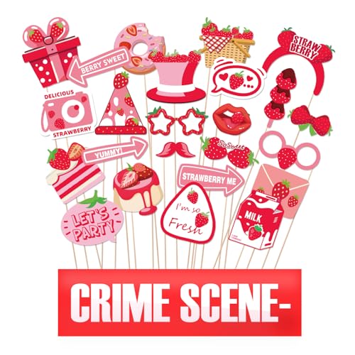 Strawberry Photo Booth Props, 24 Pieces with Sticks, Berry Sweet Theme Selfie Props, Summer Fruit Birthday Party Supplies, Photography Backdrop Decorations