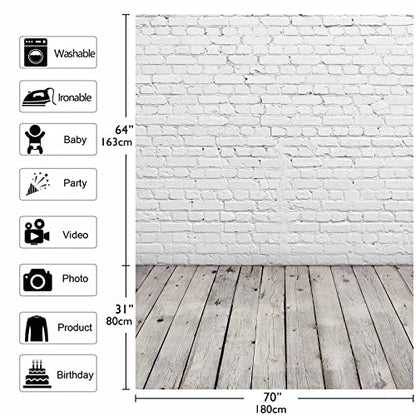Allenjoy 6x8FT Fabric White Brick Wall Grey Wood Floor Photo Backdrop for Photography Portrait Background Newborn Baby Photoshoot Children Under 3 Years Old Photo Background Photographer Props - size: 6 x 8 ft