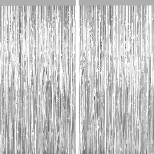 Silver Tinsel Backdrop Foil Fringe Curtains - 2 Packs Door Streamers Backdrop for Birthday Door Decorations, Party Supplies for Bachelorette, Graduation, Christmas, New Year’s Eve, Disco Decor - color: Silver