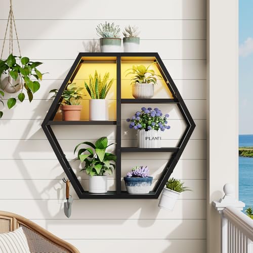 HOOBRO Gaming Floating Shelves with LED Lights, Gaming Wall Mounted Shelf, Hexagonal Display Rack for Wall Storage, Floating Rack with 4 S-Hooks, for Gaming Room, Black BB76DBJ01
