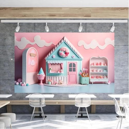 Pink Ice Cream Shop Candy House Background for Photoshoot Girl Birthday Party Decoration Children Happy First 1st Birthday Party Backdrop Summer Candy House Baby Shower Backdrop (7X5FT) - size: 7X5FT
