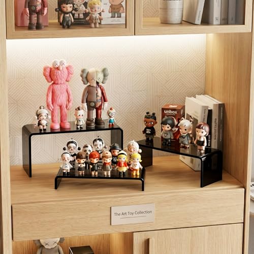 Funfery Acrylic Display Risers, 2 Set(7.8"L~8.2"L~8.6"L) Display Shelf for Figure, Collectibles, Cupcake, Black Acrylic Stands for Dessert, Jewelry, Candy Showcase, 3 Tier Action Figure Stand Holder - color: Black, size: 6 Pcs