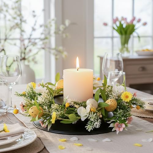 MOYEE Candle Holder Centerpieces for Tables,Candle Ring,Wreaths, Black Metal Candle Stick Paired Artificial Flowers 14 in Versatile Dining Table Centrepiece - color: Easter Egg Wreath