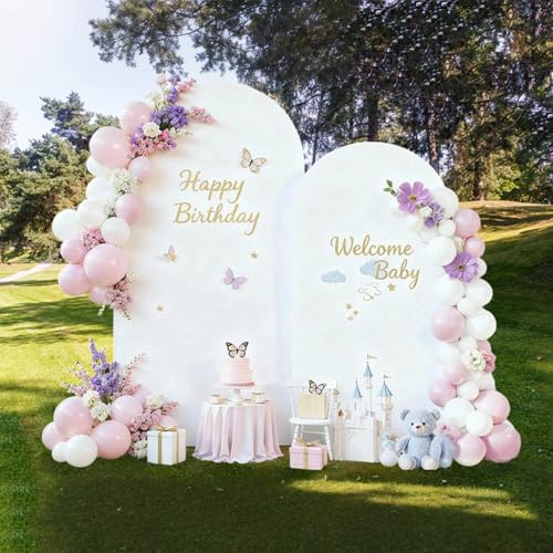 SuuWoee Arch Backdrop Stand Set of 2 With Cover (6FT+5FT),Gold Metal Wedding Arch Balloon Stand With Cover for Birthday Party Baby Shower Graduation Ceremony Decoration - color: White, size: 6Ft+5Ft（White Cover）
