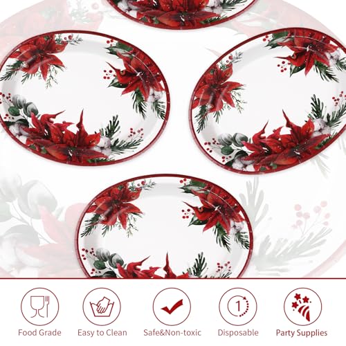 50 Pcs Christmas Oval Plates 10" x 12" Large Disposable 400 GSM Heavy Duty Red Poinsettia Floral Paper Dessert Plates Christmas Birthday Party Decorations for Festive Xmas Theme Dinner Party Supplies - style: Poinsettia Flower Oval Plate