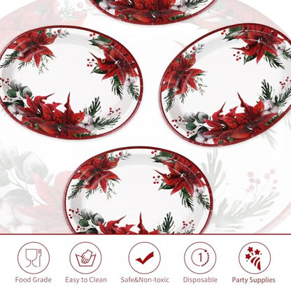 50 Pcs Christmas Oval Plates 10" x 12" Large Disposable 400 GSM Heavy Duty Red Poinsettia Floral Paper Dessert Plates Christmas Birthday Party Decorations for Festive Xmas Theme Dinner Party Supplies - style: Poinsettia Flower Oval Plate