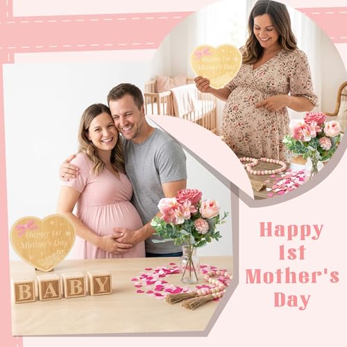 8Pcs Pregnancy Announcement Set for Mother's Day, Baby Reveal Ideas Include Pink Artificial Roses Beads Happy 1st Mother's Day Wooden Sign for Pregnancy Reveal Photo Prop Coming Soon Baby Announcement - color: Pink and White