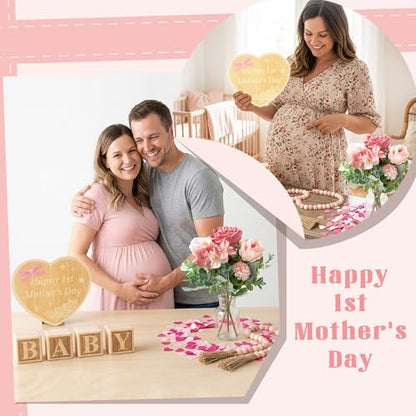 8Pcs Pregnancy Announcement Set for Mother's Day, Baby Reveal Ideas Include Pink Artificial Roses Beads Happy 1st Mother's Day Wooden Sign for Pregnancy Reveal Photo Prop Coming Soon Baby Announcement - color: Pink and White