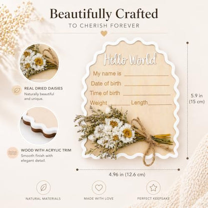 Wonhibo Daisy Newborn Announcement Sign - Baby Hospital Photo Prop Wooden Board Card with Real Pressed Flowers Hello World - color: Daisy Flower