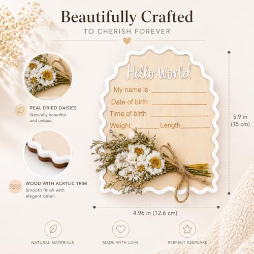 Wonhibo Daisy Newborn Announcement Sign - Baby Hospital Photo Prop Wooden Board Card with Real Pressed Flowers Hello World - color: Daisy Flower