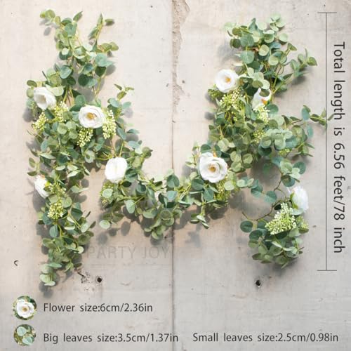 PARTY JOY 2pcs 6.56ft Eucalyptus Garland with Flowers-8 White Roses, Artificial Fake Flowers Greenery Garland Floral Vines for Decoration Party Wedding Table Indoor Outdoor Backdrop Wall Decor(White) - color: White, size: 2PC