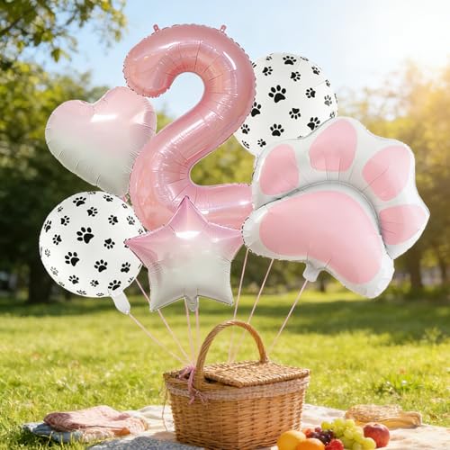 2nd Birthday Dog Paw Balloons Set,18'' Paw Prints, Heart,Star,Paw Shaped Foil Balloon 40 Inch Pink Number 2 Helium balloons for Puppy Themed Baby Shower Second Birthday Party Decorations Supplies 6PCS - color: Pink-2