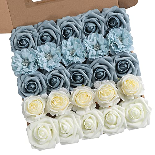 rongflower Artificial Flowers Combo Box Set Gradient Color Flower Leaf with Stems for DIY Wedding Bouquets Centerpieces Baby Shower Party Home Decor (Blue & White) - color: Blue & White