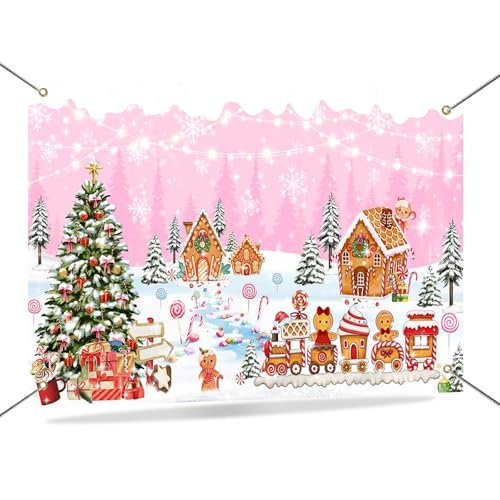 Mocsicka Christmas Gingerbread House Backdrop Banner Pink Merry Christmas Candyland Backdrop Winter Xmas Baby Shower Birthday Family Holiday Party Decortaions Photo Booth Props - color: Pink