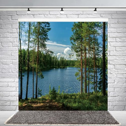8x8ft Forest Lake Photo Backdrop Park Lakeside Green Trees Natural Scenery Background Banner Spring Summer Countryside Outdoor Picnic Camping Hiking Decor Kids Adults Portrait Studio Props - size: 8x8ft