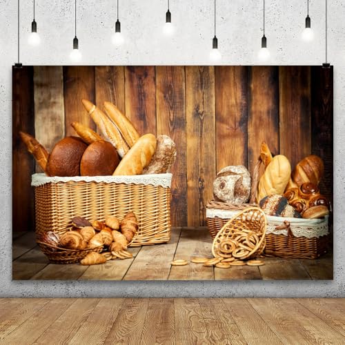 YongFoto Bakery Baking Backdrop 8x6ft Bread Basket Vintage Wood Wall Photography Background Baby Shower Birthday Party Banner Baby Baker Portrait Photoshoot Wallpaper Photo Studio Booth Props - color: Style 1, size: 8ftx6ft