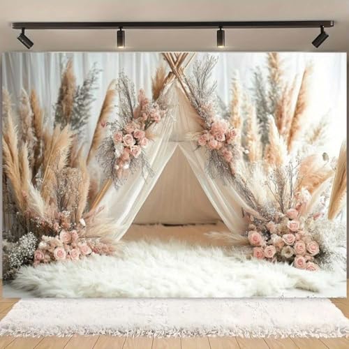 Boho Flowers Tent Photography Backdrops Pink Bohemian Style Girl Birthday Party Decorations 1st Birthday Party Baby Shower Cake Smash Backdrop Photo Studio Photography Props (6x4ft) - size: 6x4ft