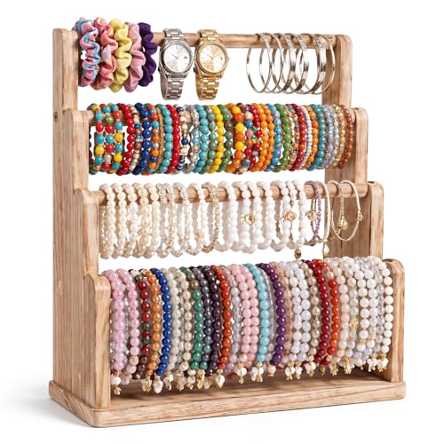 Wooden Bracelet Holder, 4 Tier Bracelet Organizer Storage, Rustic Wood Jewelry Organizer Display Bracelet-Holder for Home, Vendors, Craft Shows and Store, Rustic Brown