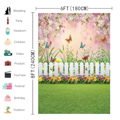 INRUI Spring Easter Garden Photography Backdrop Green Grass Lawn Floral Butterfly Fence Baby Shower Birthday Party Decorations Banner (6x8FT) - size: 6x8FT