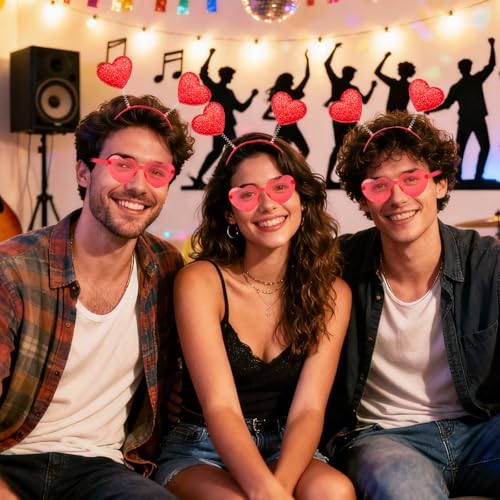 Zddaoole 24 Pcs Valentine's Day Heart Headband and Heart Shape Sunglasses,Red Romantic Head Bopper,Valentines Photo Prop Headbands for Wedding,Engagement,Anniversary,Birthday Party Favor