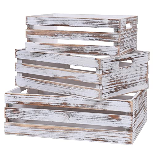 Large Size Wood Crates For Storage,Decorative Vintage White Wooden Crates For Display,Handmade Solid Wood Boxes,Set Of 3 Rustic White Wooden Crate. (vintage white) - color: vintage white