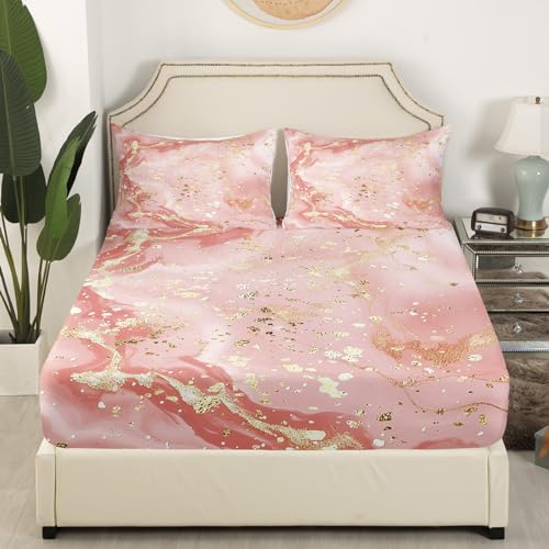 Manfei Marble Texture Fitted Sheet Pink Marble Pattern Golden Sequins Print Bedding 2pcs Microfiber Bed Sheet Set (1 Fitted Sheet + 1 Pillow Case) Twin Size - color: Multi 17, size: Twin (39*75*16")