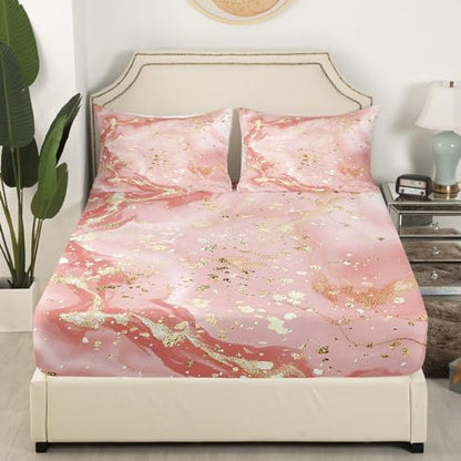 Manfei Marble Texture Fitted Sheet Pink Marble Pattern Golden Sequins Print Bedding 2pcs Microfiber Bed Sheet Set (1 Fitted Sheet + 1 Pillow Case) Twin Size - color: Multi 17, size: Twin (39*75*16")