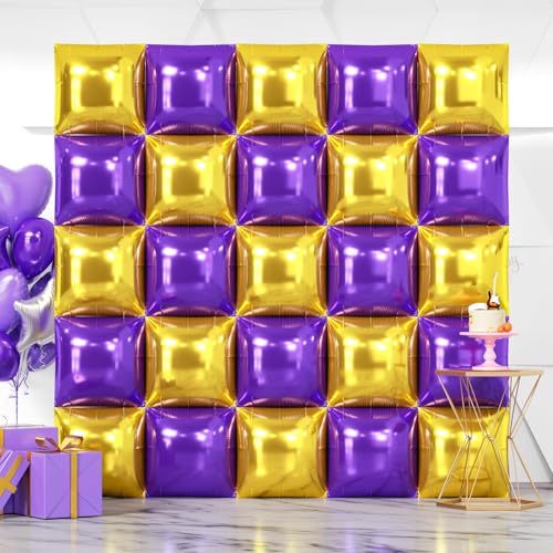 NISOCY 25PCS Purple Gold Square Foil Balloons Wall Backdrop Double Sided Gold Purple Balloons Arch Kit for Birthday Anniversary Graduation Prom Engagement Baby Bridal Shower Party Decorations - color: Purple and Gold, size: 25PCS