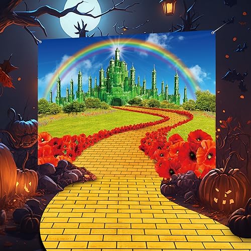 4Pack Yellow Brick Road Runner and Emerald Castle Backdrop for Wizard Party Decorations,Yellow Brick Stone Road Leading Emerald Castle Rainbow Background for Photography Halloween Princess Party Decor